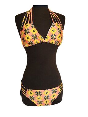 AvidLove Womens XL Swim Bikini Set Yellow Halter Strappy Swimsuit Swimwear NEW